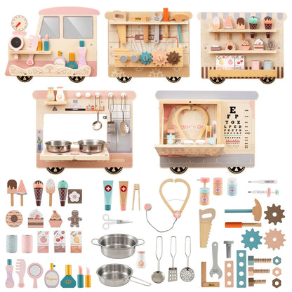 Wooden Sensory Wall Panel with Vanity and Doctor Kit for Kids