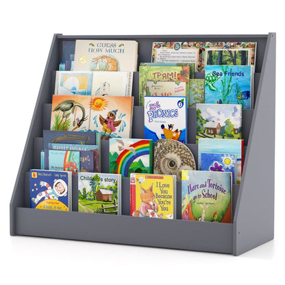 5-Tier Wooden Toddler Book Shelf Stand with Deep Compartments-Grey
