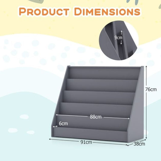 5 Tier Kids Bookshelf with Anti-Toppling Devices for Kids Room-Grey