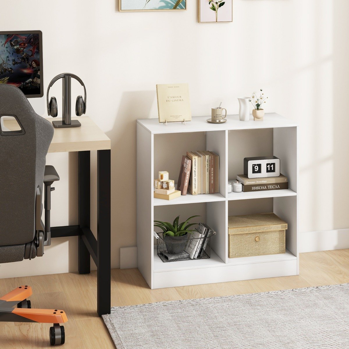 4-cube Wooden Storage Cabinet with Anti-Toppling Device -White