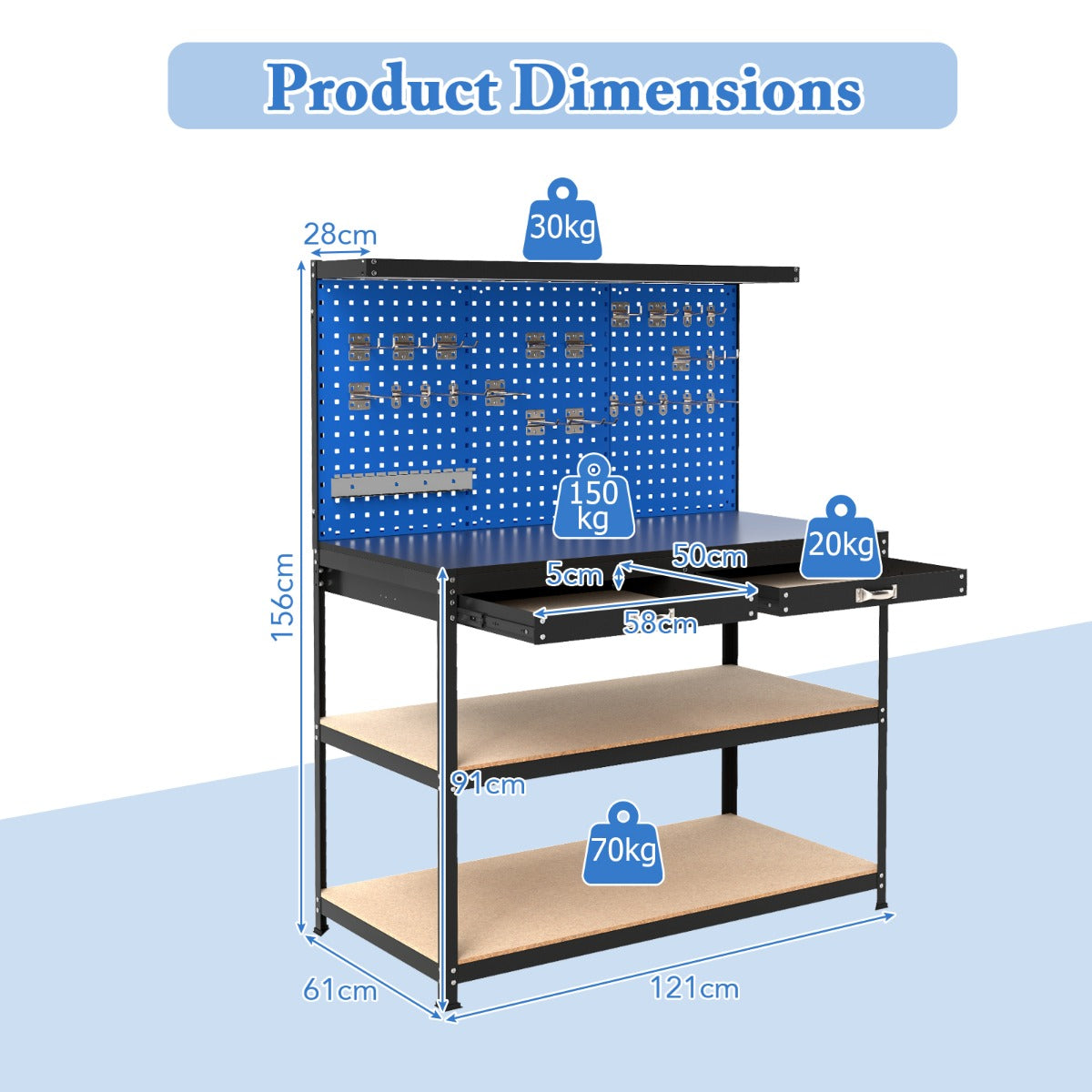 121 x 61 CM Workbench with 3 PCS Pegboard and Drawer-Navy