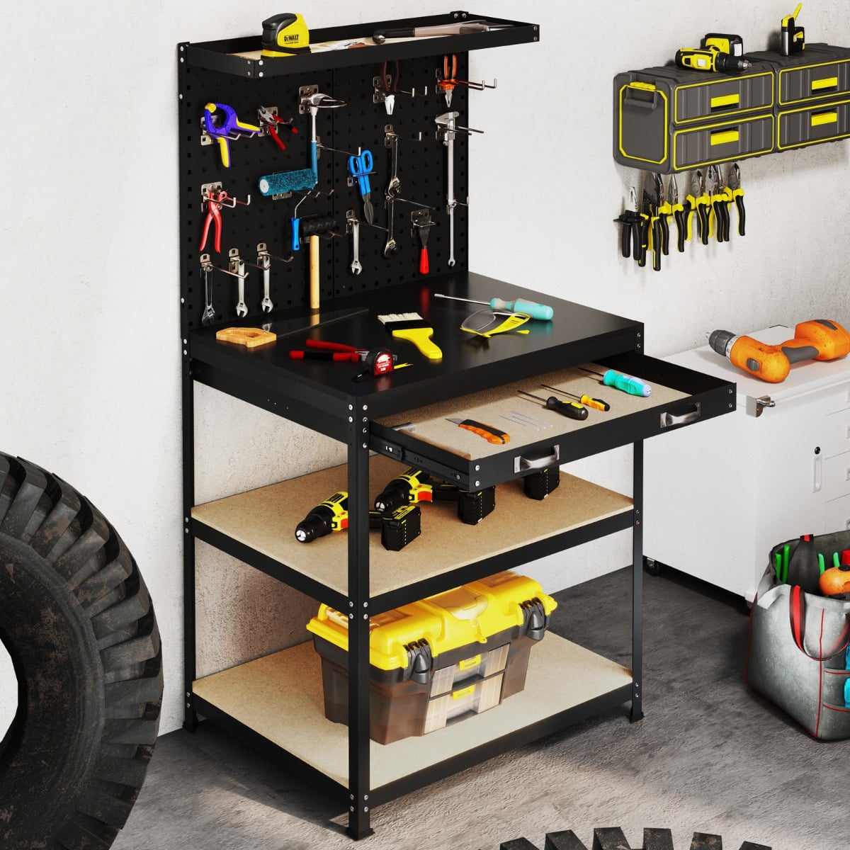 81 x 41 CM Workbench with Pegboard and Drawer and Shelves-Black