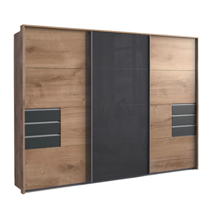 Sliding Wardrobe - SOGO 3 Door Mirrored Wardrobe Oak with Black 270cm