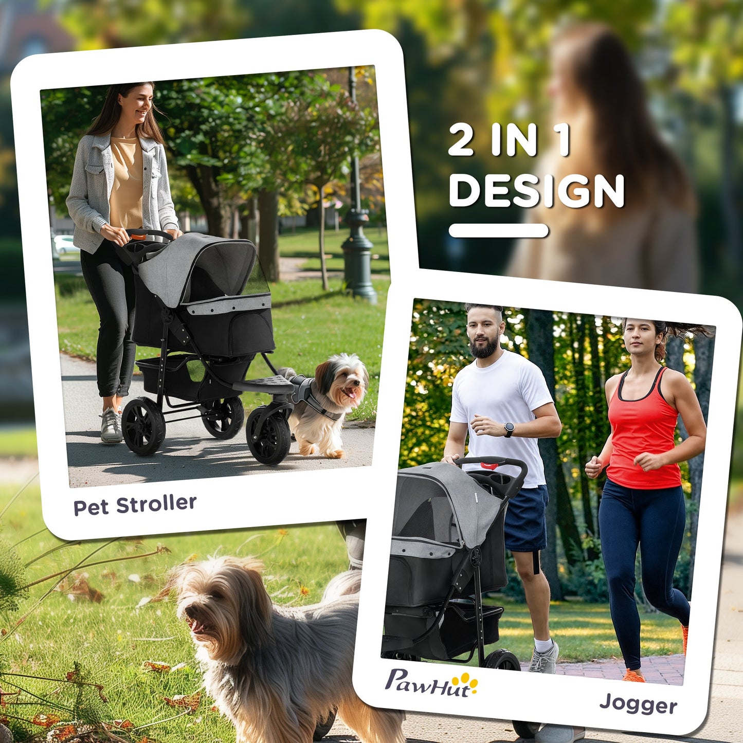 PawHut Dog Stroller Pram, 3-Wheel Foldable Pet Stroller with Invisible Sky Roof, for Small Dogs & Cats, Red