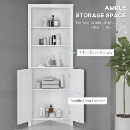 kleankin Triangle Bathroom Cabinet, Corner Bathroom Storage Unit with Cupboard and 3-Tier Shelves, Free Standing, White