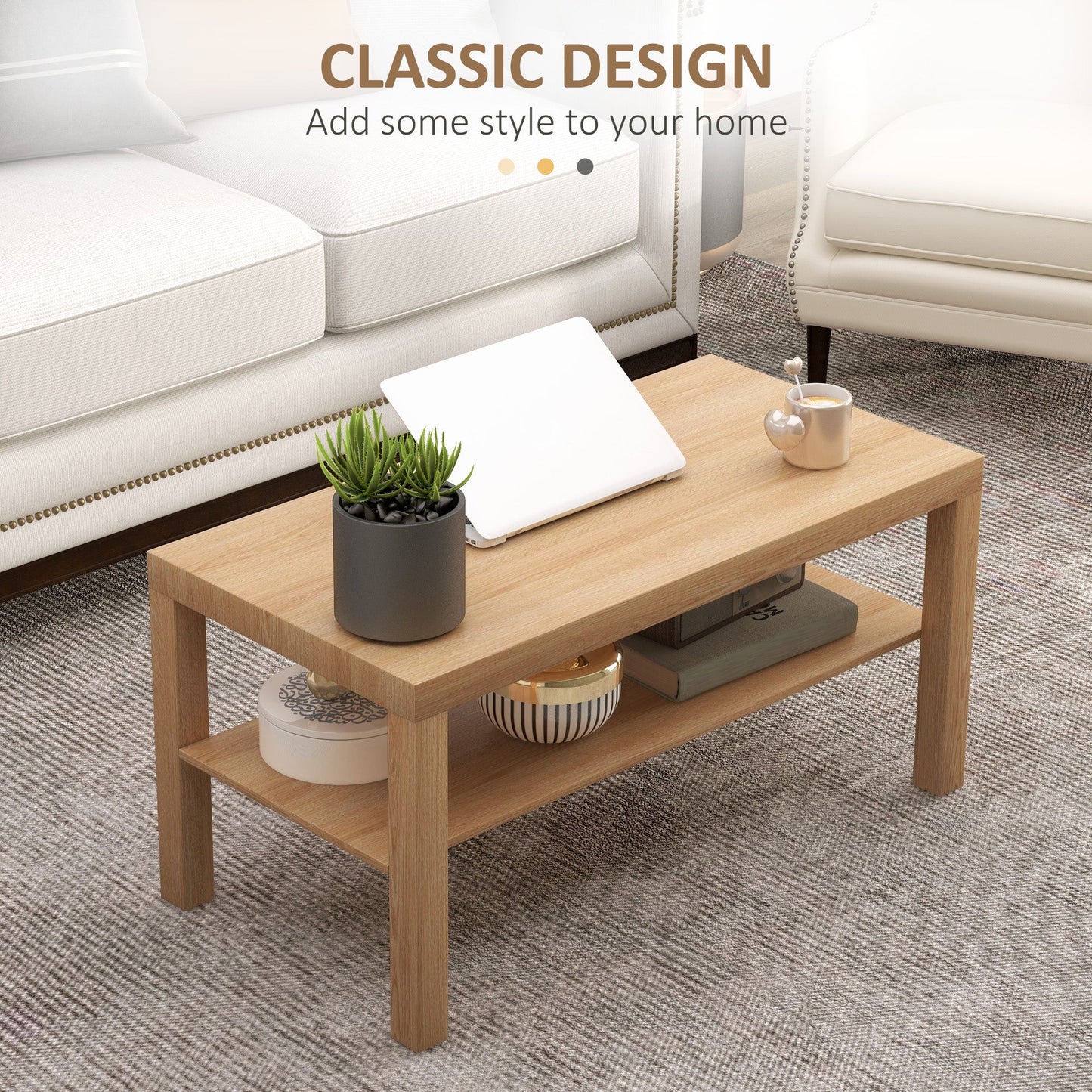 HOMCOM 2-Tier Coffee Table with Storage Shelf, Rectangular Centre Table for Living Room, Home Office, Natural Wood Finish