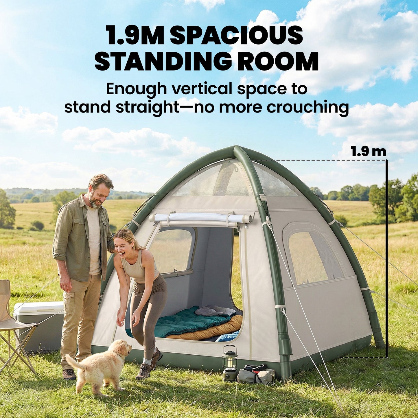 Outsunny Inflatable Camping Tent with Rainfly, 3 Man Air Tent 3000mm Waterproof Blow Up Tents, Beige