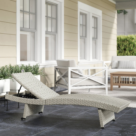 Outsunny Outdoor PE Rattan Sun Lounger, Folding Wicker Garden Lounger Recliner with 4-Level Adjustable Backrest, Rolling Sunbed Lounge Chair with Wheels, Non-Slip Legs for Balcony, Beach, Grey