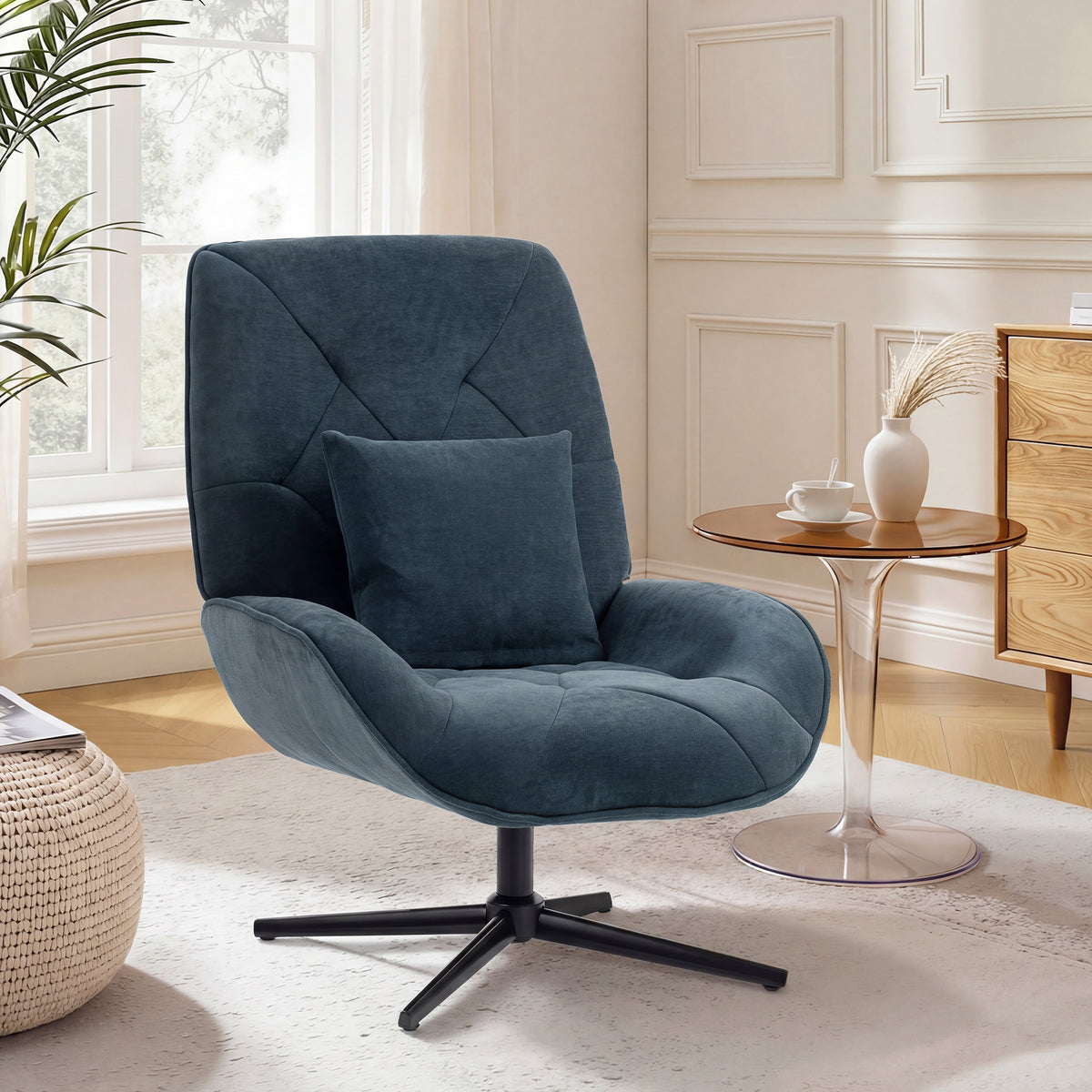 HOMCOM Accent Chair, Chenille Upholstered Swivel Armchair with Lumbar Pillow, High Back, Deep Seat and Metal Legs, Dark Green