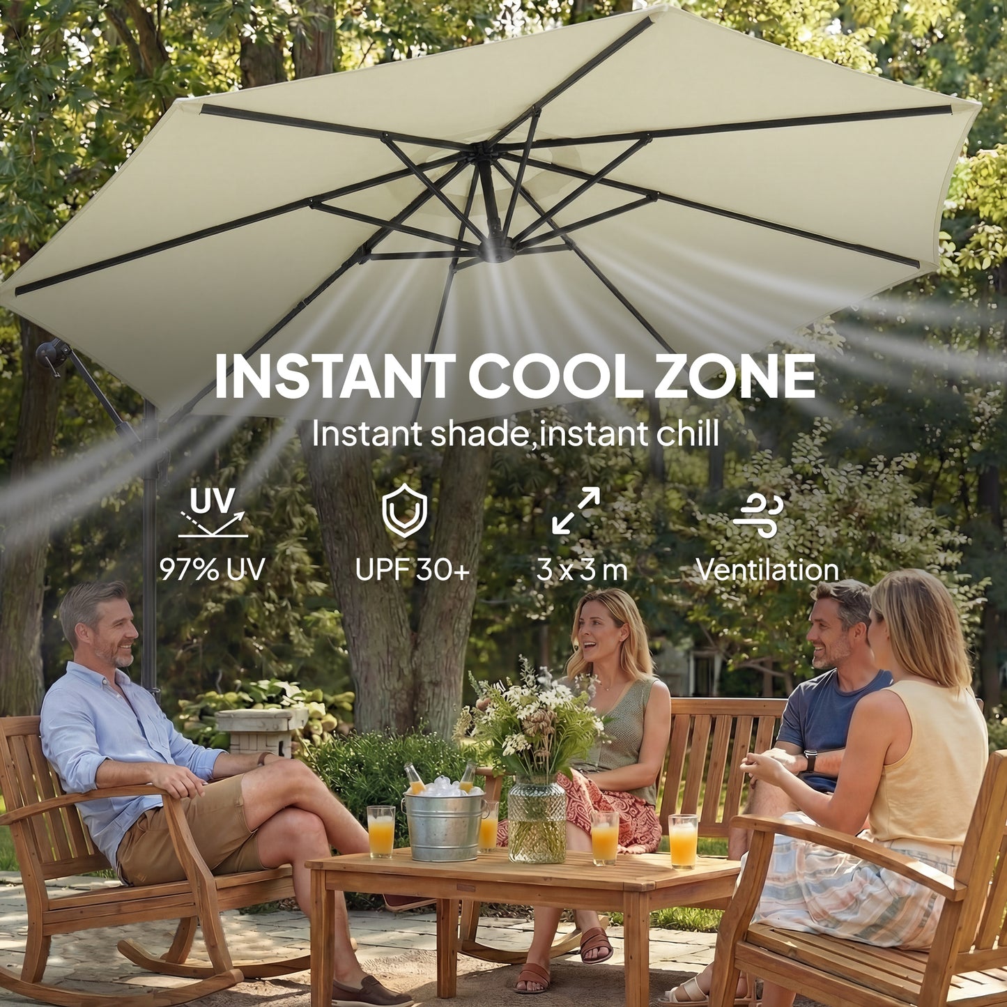Outsunny 3 m Garden Cantilever Parasol with Cross Base, Sandbag, 360Â° Rotating Overhanging Banana Umbrella, Beige