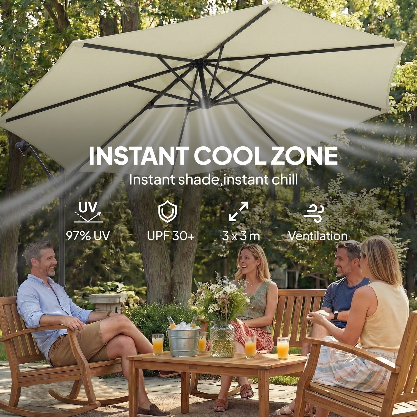 Outsunny 3 m Garden Cantilever Parasol with Cross Base, Sandbag, 360 degrees Rotating Overhanging Banana Umbrella, Beige