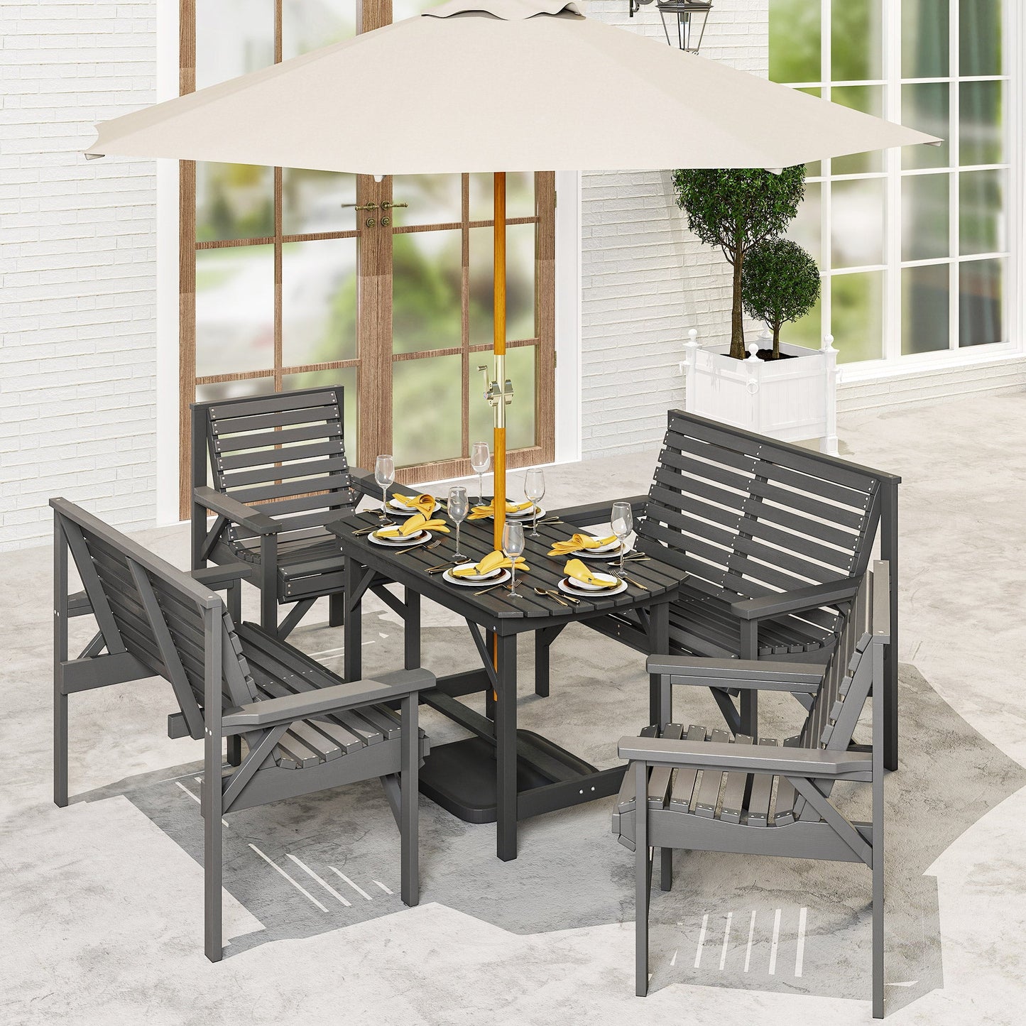 Outsunny 5 Piece Wooden Garden Dining Set for 6, Outdoor Conversation Set with 2 Armchairs, 2 Loveseats and Dining Table with Umbrella Hole for Patio, Balcony, Grey