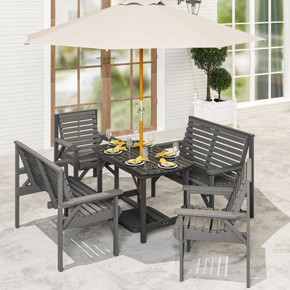 Outsunny 5 Piece Wooden Garden Dining Set for 6, Outdoor Conversation Set with 2 Armchairs, 2 Loveseats and Dining Table with Umbrella Hole for Patio, Balcony, Grey
