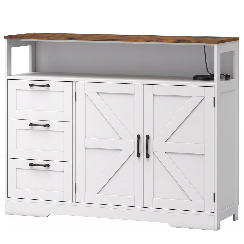 HOMCOM Sideboard Cabinet with Power Outlet, Farmhouse Kitchen Cabinet with 3 Drawers and Open Shelf, White
