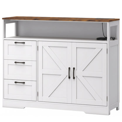 HOMCOM Sideboard Cabinet with Power Outlet, Farmhouse Kitchen Cabinet with 3 Drawers and Open Shelf, White