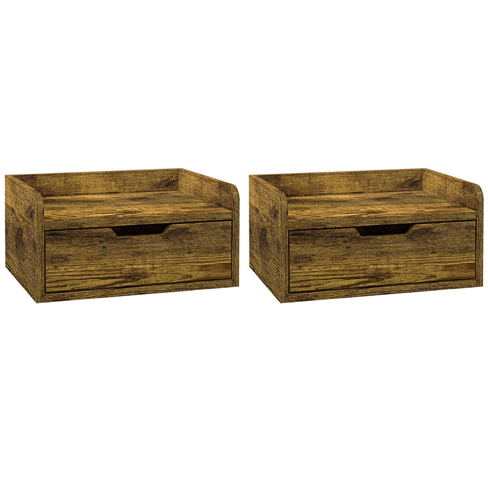 HOMCOM Floating Nightstand Set of 2 Wall Mounted Bedside Table with Storage Drawer for Bedroom, Rustic Brown