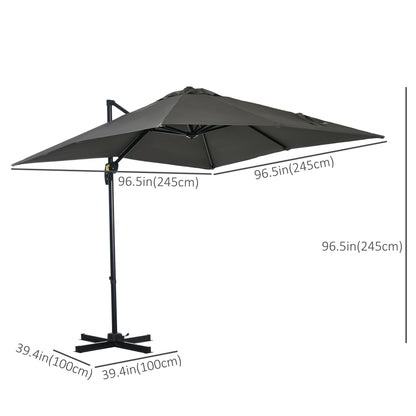 Outsunny 2.5 x 2.5m Patio Offset Parasol Umbrella Cantilever Hanging Aluminium Sun Shade Canopy Shelter 360° Rotation with Crank Handle and Cross Base, Grey
