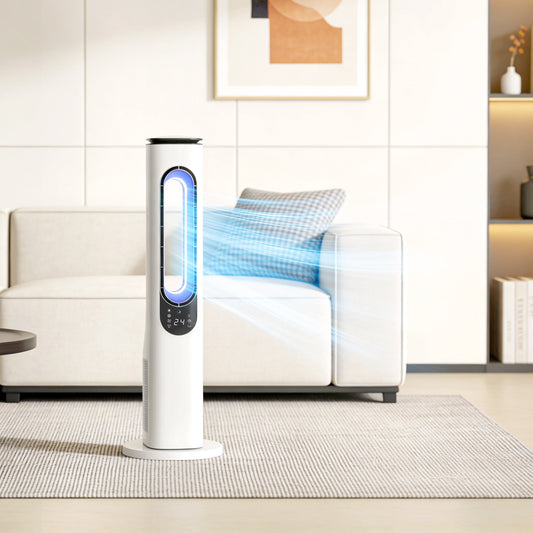 HOMCOM Bladeless Tower Fan for Bedroom, 35dB Standing Cooling Fan with Oscillating, LED Lights, 3 Speeds, 15H Timer, White