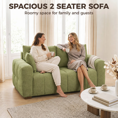HOMCOM 2 Seater Sofa, Upholstered Velvet Small Couch for Bedroom with Pillows, Modern Sofa Settee with Padded Cushion and Wood Legs for Living Room, Green
