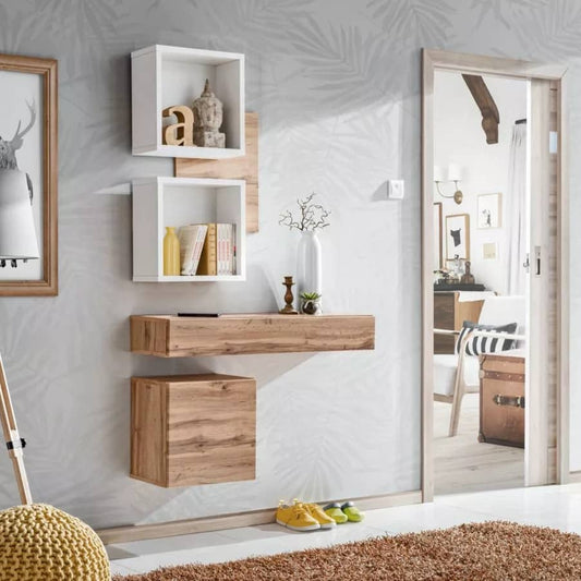 Modern interior design with wooden wall shelves and decor items against a gray wall.
