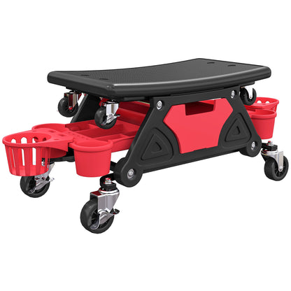 HOMCOM Rolling Mechanic Stool, 135kg Capacity Workshop Stool with 360 Swivel Wheels, Roller Creeper Seat with Slide Out Tool Trays, Drawer, Bottle Holders for Garage, Shop, Auto Repair, Red
