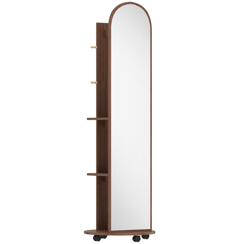 HOMCOM 2-in-1 Full Length Mirror with Storage Shelves, Floor Mirror with 4 Wheels, Coat Rack, Hooks, Brown Wood Effect