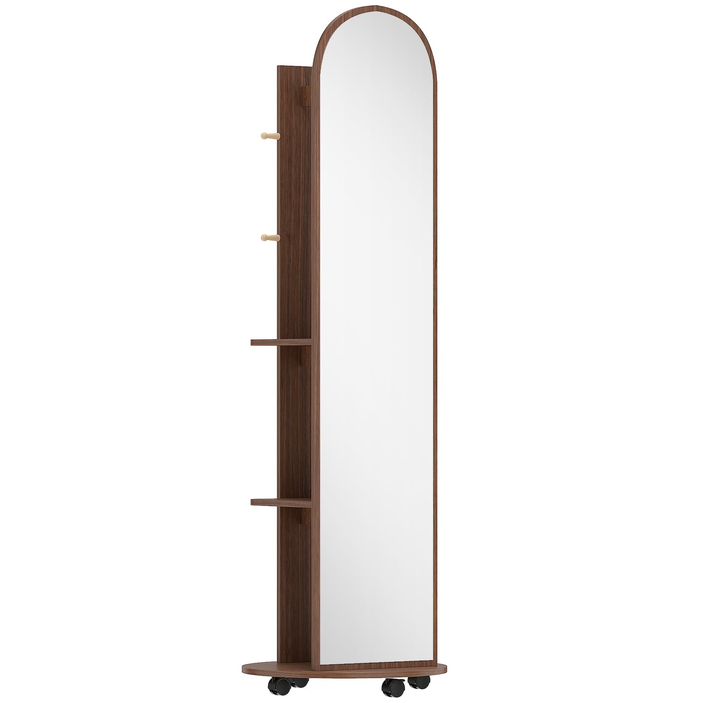 HOMCOM 2-in-1 Full Length Mirror with Storage Shelves, Floor Mirror with 4 Wheels, Coat Rack, Hooks, Brown Wood Effect