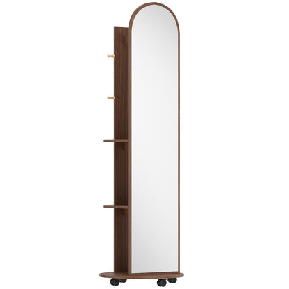 HOMCOM 2-in-1 Full Length Mirror with Storage Shelves, Floor Mirror with 4 Wheels, Coat Rack, Hooks, Brown Wood Effect