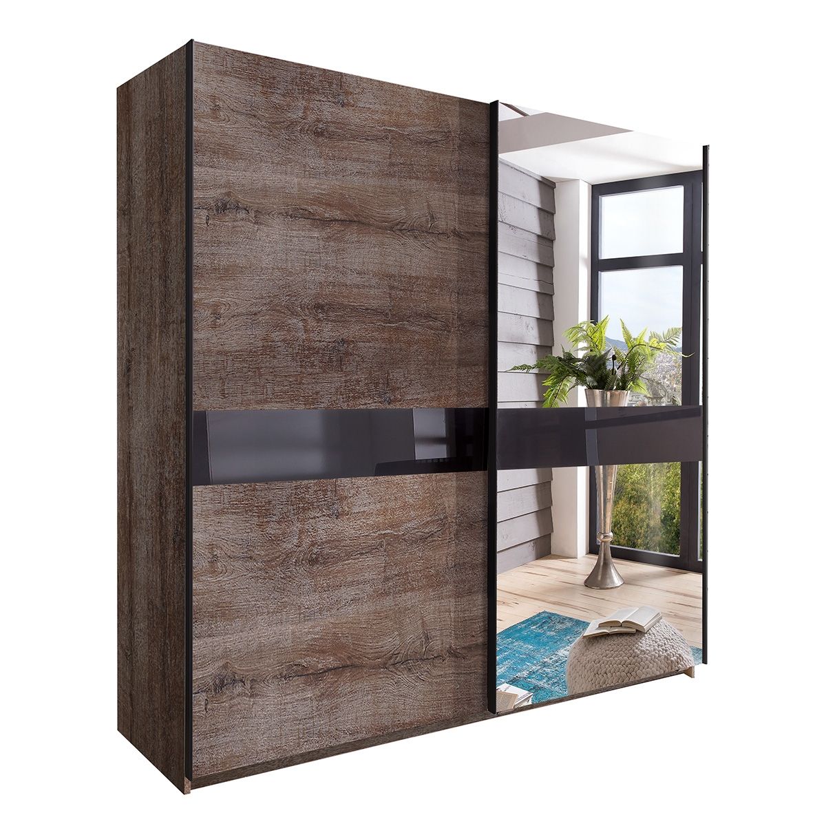 Ammar Mirrored Sliding Wardrobe - Muddy Oak