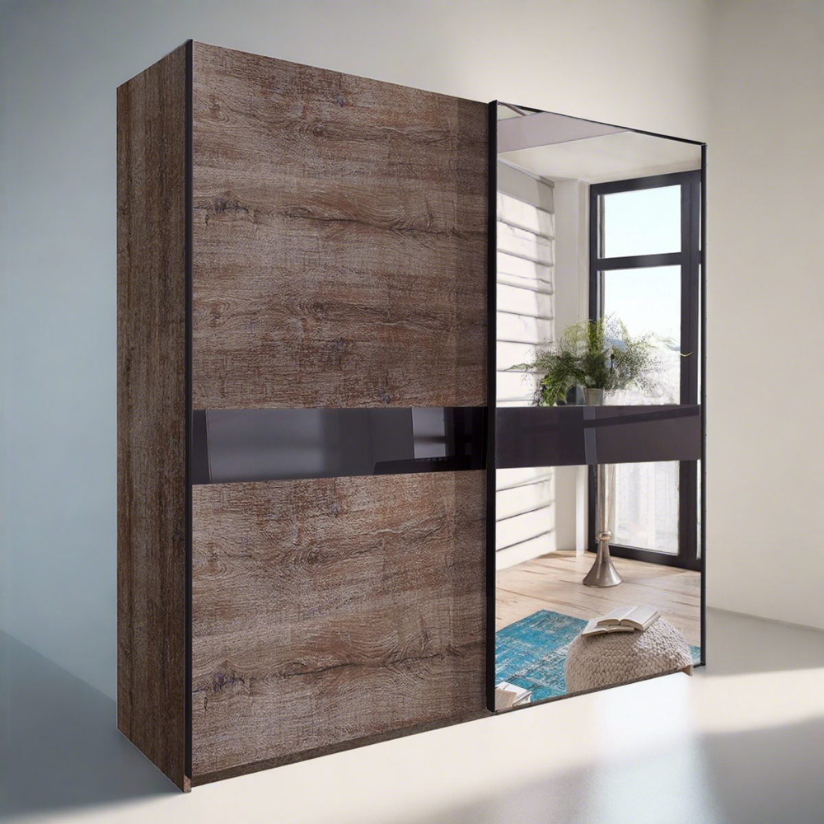 Ammar Mirrored Sliding Wardrobe - Muddy Oak