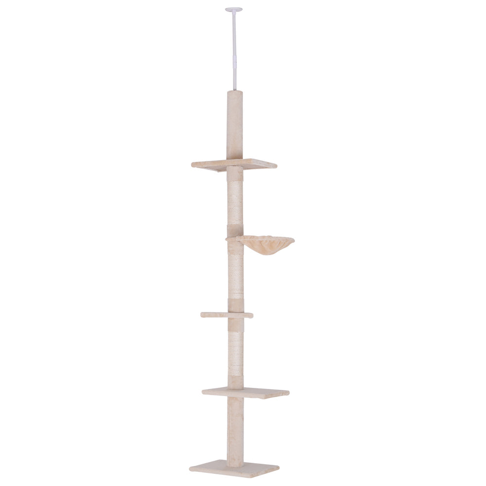 PawHut Floor to Ceiling Cat Tree Height Adjustable 230-260cm, 5-Tier Cat Tower with Scratching Post, Hammock, Perches, Climbing Activity Centre for Indoor Kittens, Beige