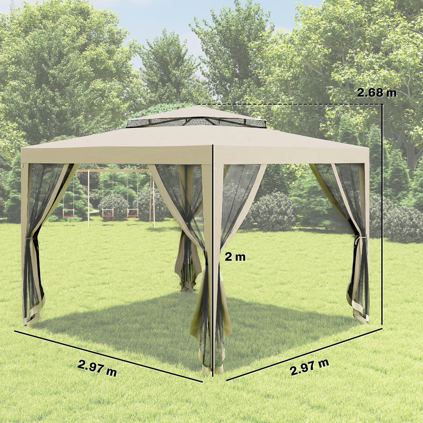 Outsunny 3 x 3 m Gazebo, Netting Party Tent, Patio Canopy Outdoor Event Shelter with Double Tier Roof, Beige