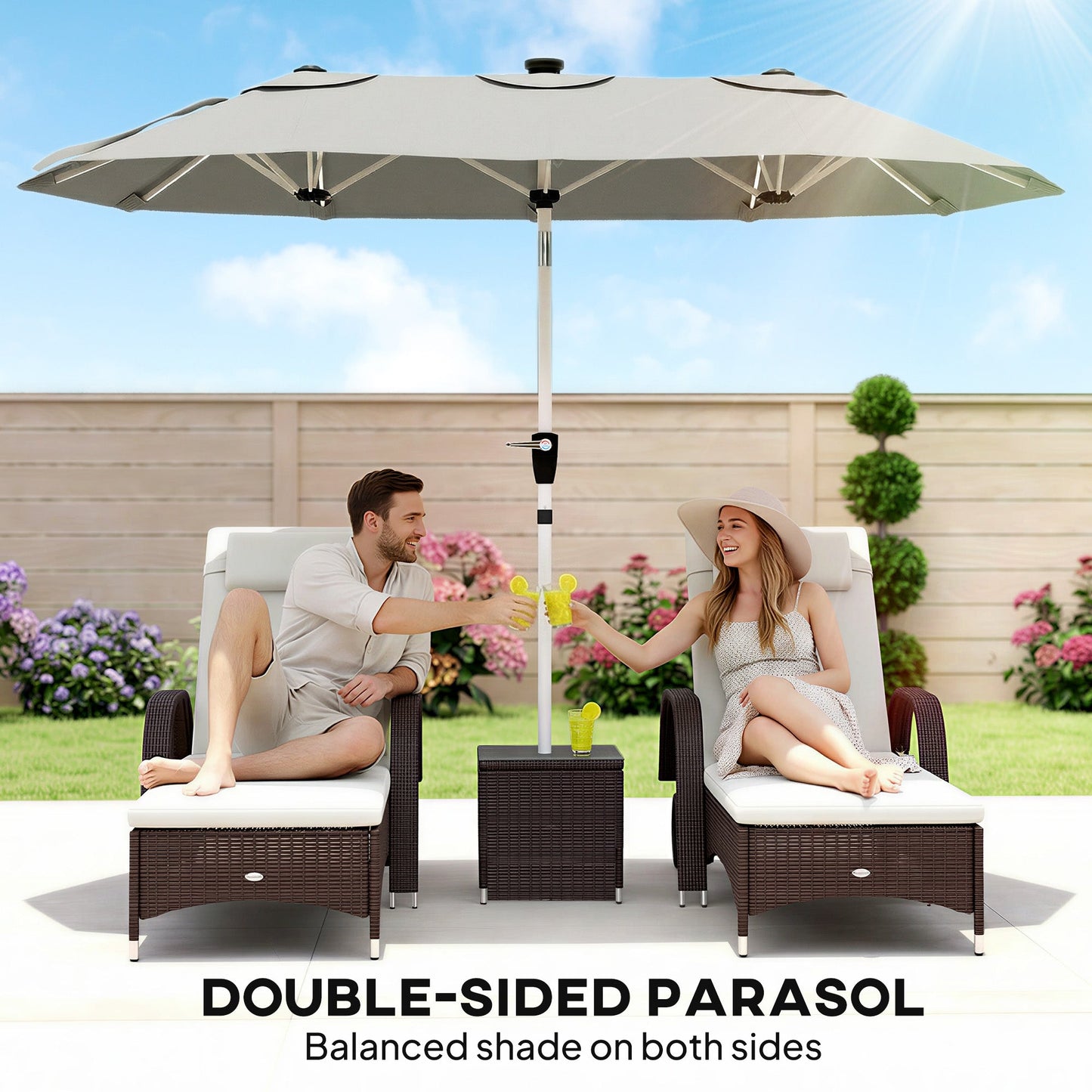 Outsunny 3 m Double-Sided Garden Parasol with LED Solar Lights, Outdoor Extra Large Sun Umbrella with Crank Handle, Grey