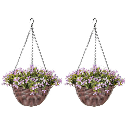 HOMCOM Artificial Flowers in Basket Set of 2, Artificial Hanging Baskets with 75 Leaves and 15 Flowers in Pot, Decorative Plant for Home Office Decor, Purple