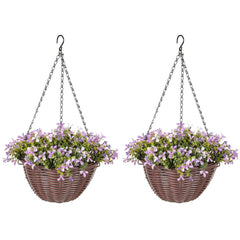 HOMCOM Artificial Flowers in Basket Set of 2, Artificial Hanging Baskets with 75 Leaves and 15 Flowers in Pot, Decorative Plant for Home Office Decor, Purple