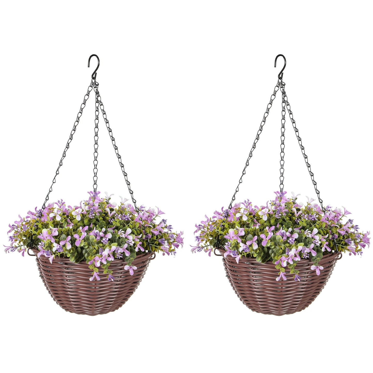 HOMCOM Artificial Flowers in Basket Set of 2, Artificial Hanging Baskets with 75 Leaves and 15 Flowers in Pot, Decorative Plant for Home Office Decor, Purple