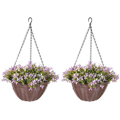 HOMCOM Artificial Flowers in Basket Set of 2, Artificial Hanging Baskets with 75 Leaves and 15 Flowers in Pot, Decorative Plant for Home Office Decor, Purple