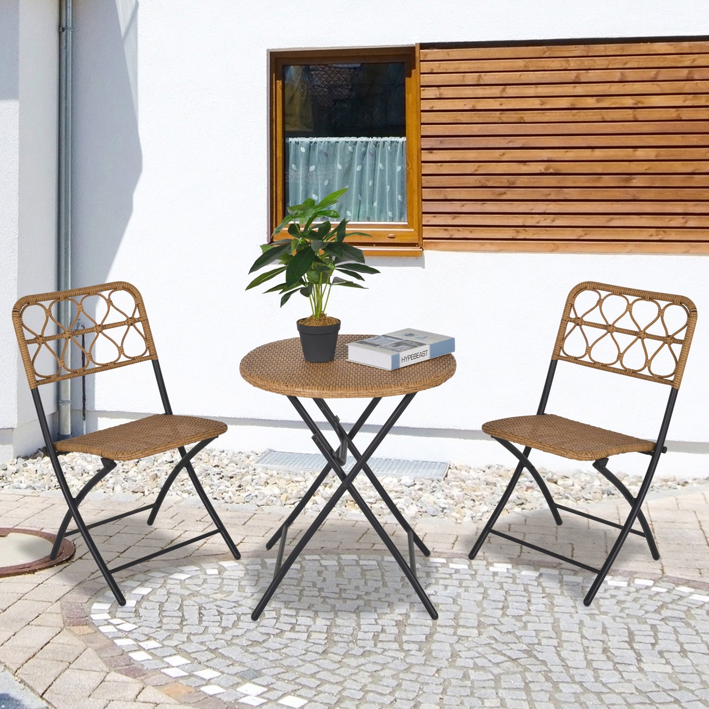 Outsunny 2 Seater Foldable Rattan Wicker Bistro Set, Coffee Table and Chairs, Natural