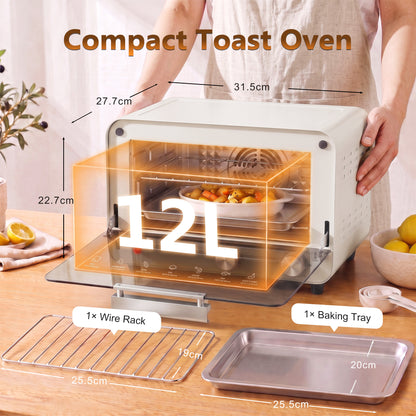 HOMCOM Mini Oven, Small Toaster Oven with Glass Door, Adjustable Temperature and Timer, Accessory Included, 750W, Cream White