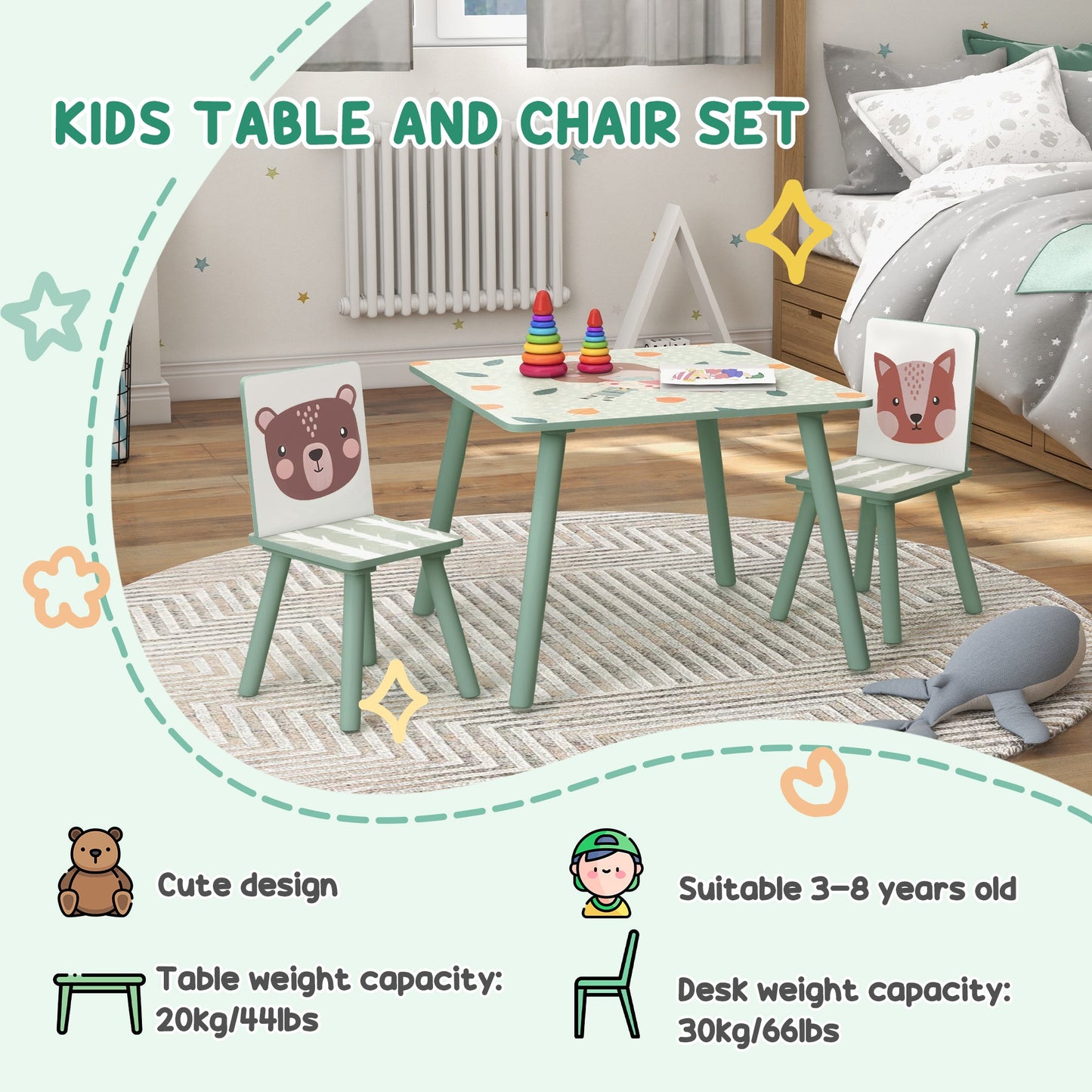 ZONEKIZ Kids and Table Chairs, Children’s Desk with Two Chairs, مجموعة أثاث للأطفال الصغار، للأعمار من 3 إلى 6 سنوات - أخضر