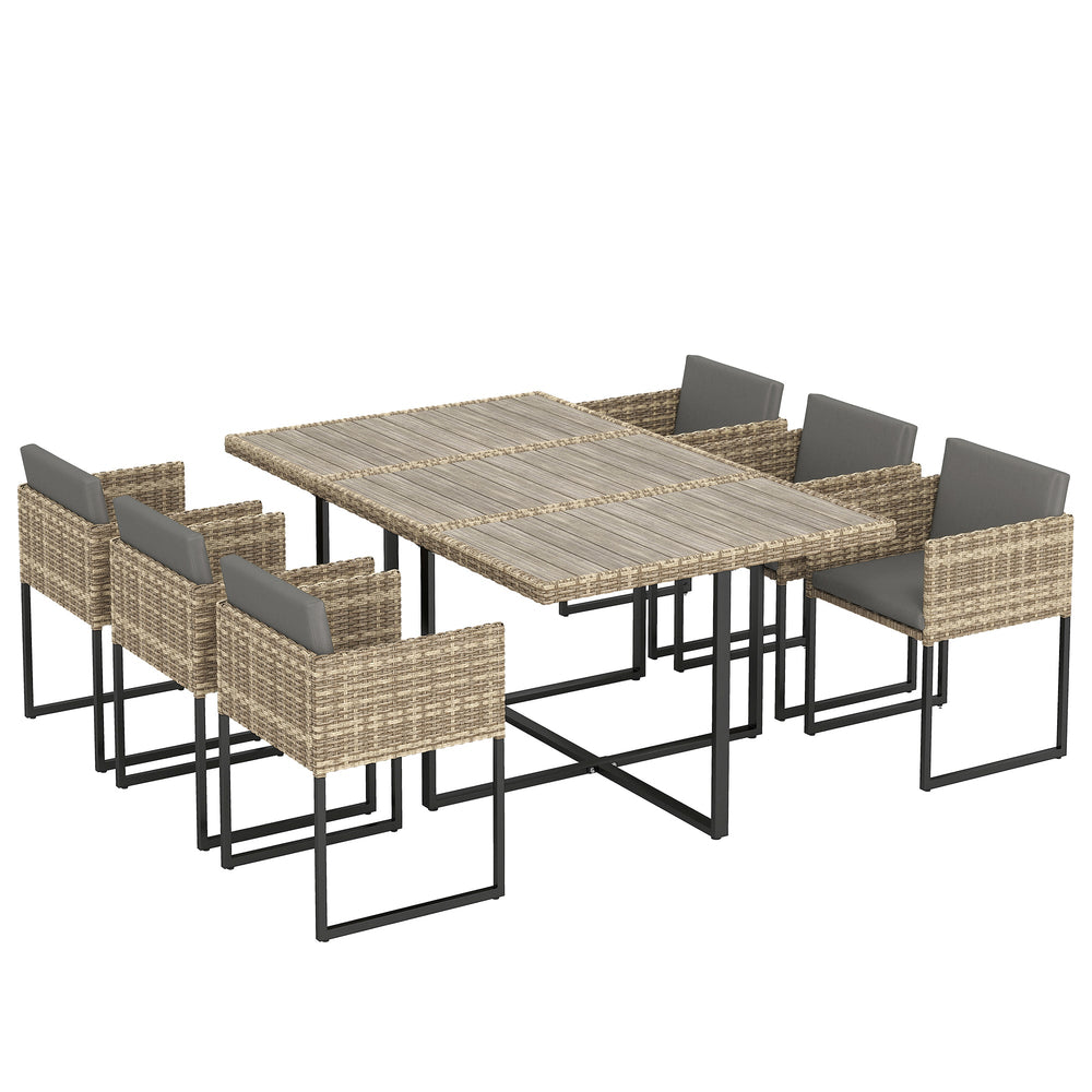 Outsunny 7 Piece Rattan Garden Furniture Set, Garden Dining Set with Wood-Plastic Table and 6 Stackable Chairs, Light Brown