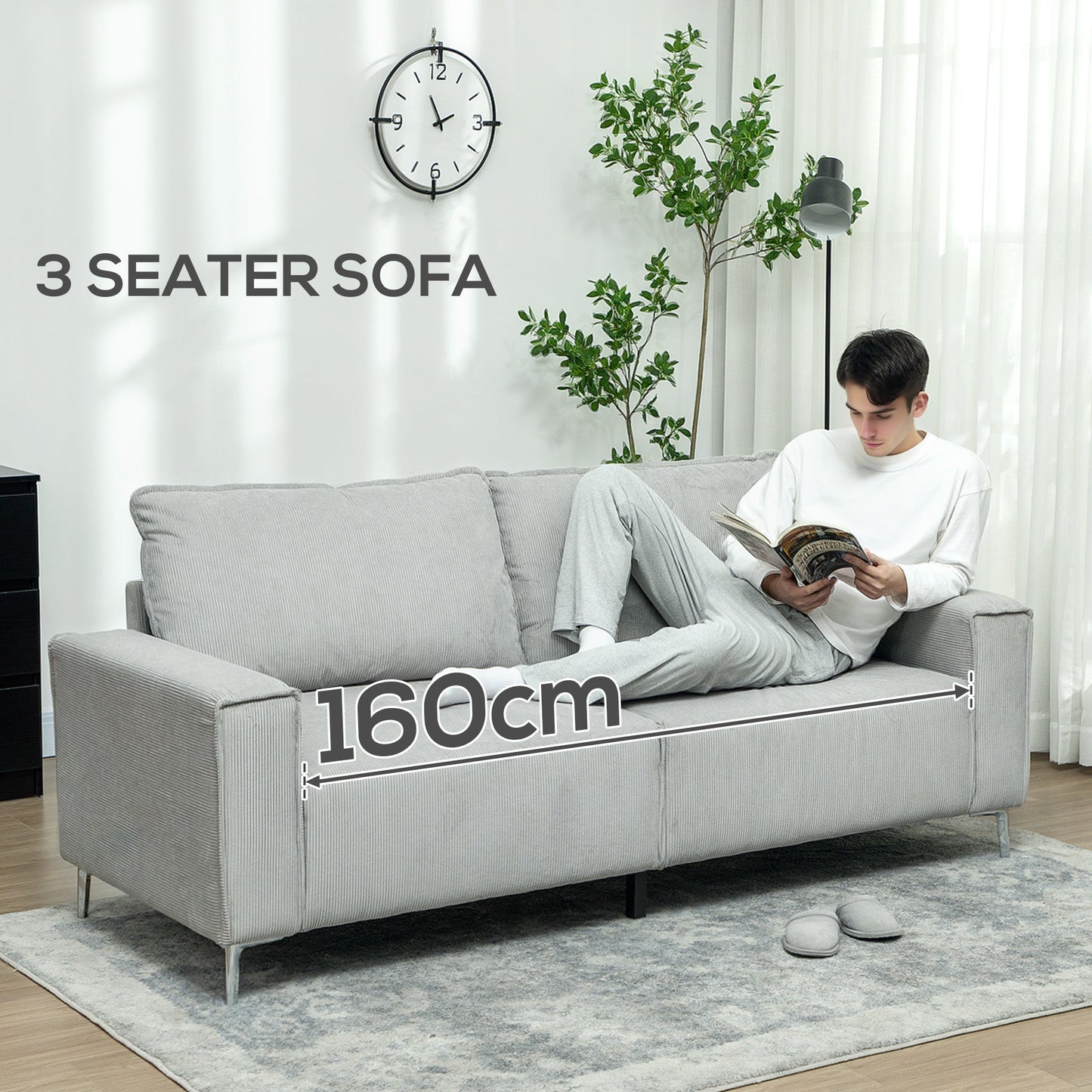 HOMCOM Three-Seater Corduroy - Light Grey