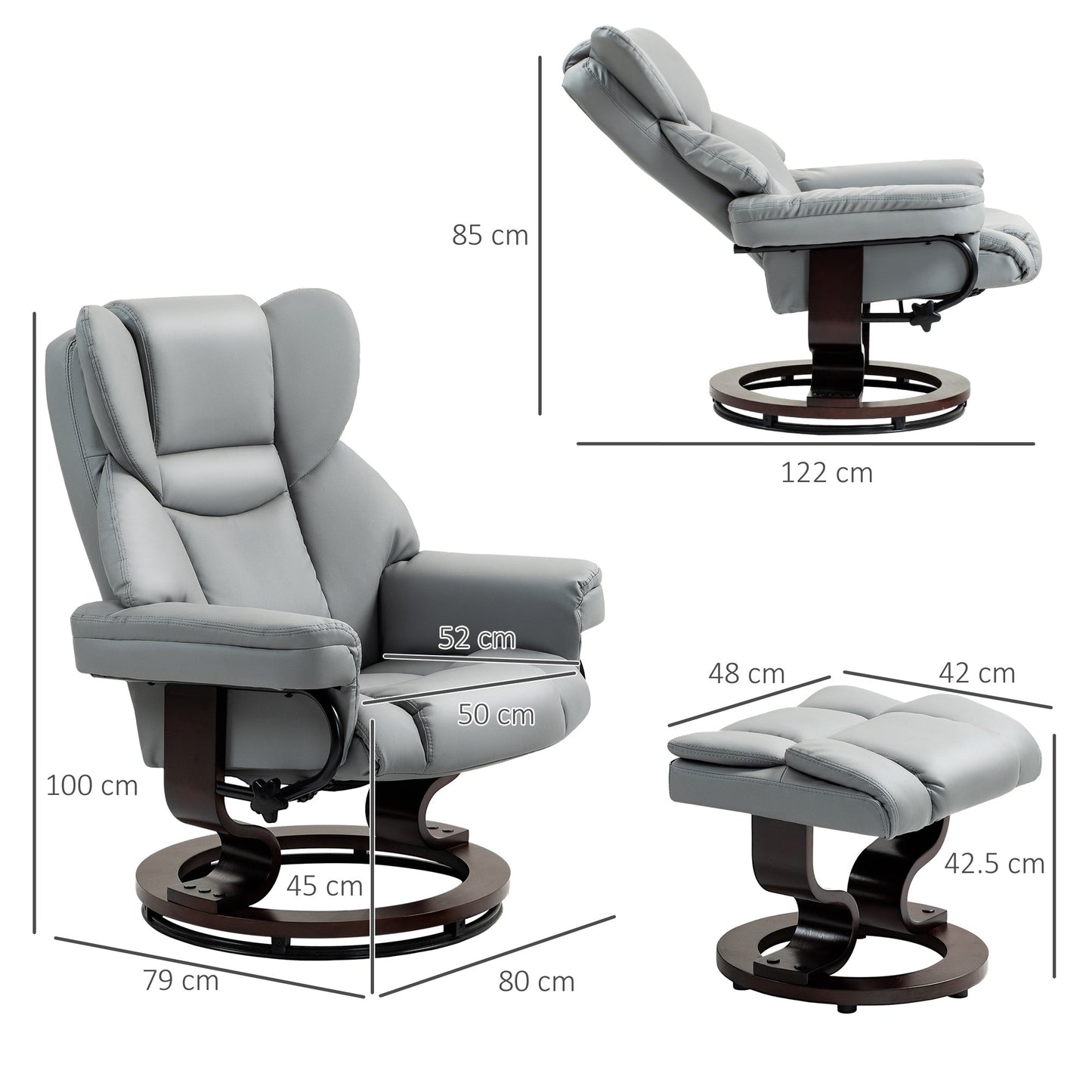 HOMCOM 360  Swivel Recliner Chair with Footstool, PU Leather Manual Recliner Armchair with Footstool, Solid Wood Base, Upholstered Reclining Chair for Living Room, Bedroom, Office, Light Grey