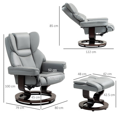 HOMCOM 360  Swivel Recliner Chair with Footstool, PU Leather Manual Recliner Armchair with Footstool, Solid Wood Base, Upholstered Reclining Chair for Living Room, Bedroom, Office, Light Grey