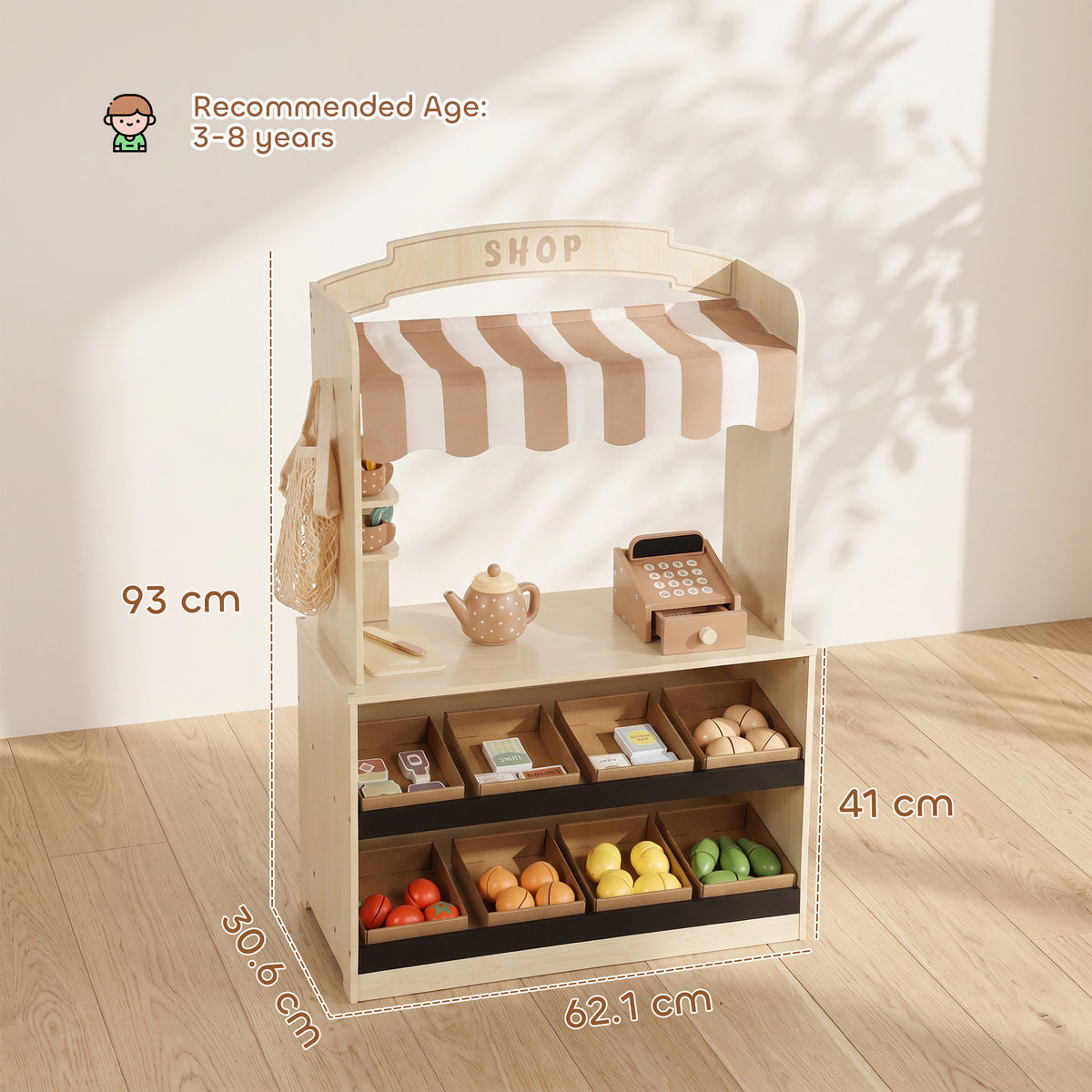 AIYAPLAY Pretend Play Shop, Wooden Kids Grocery Store Playset with Play Food, Cash Register, Chalkboard, 61 Accessories for 3-8