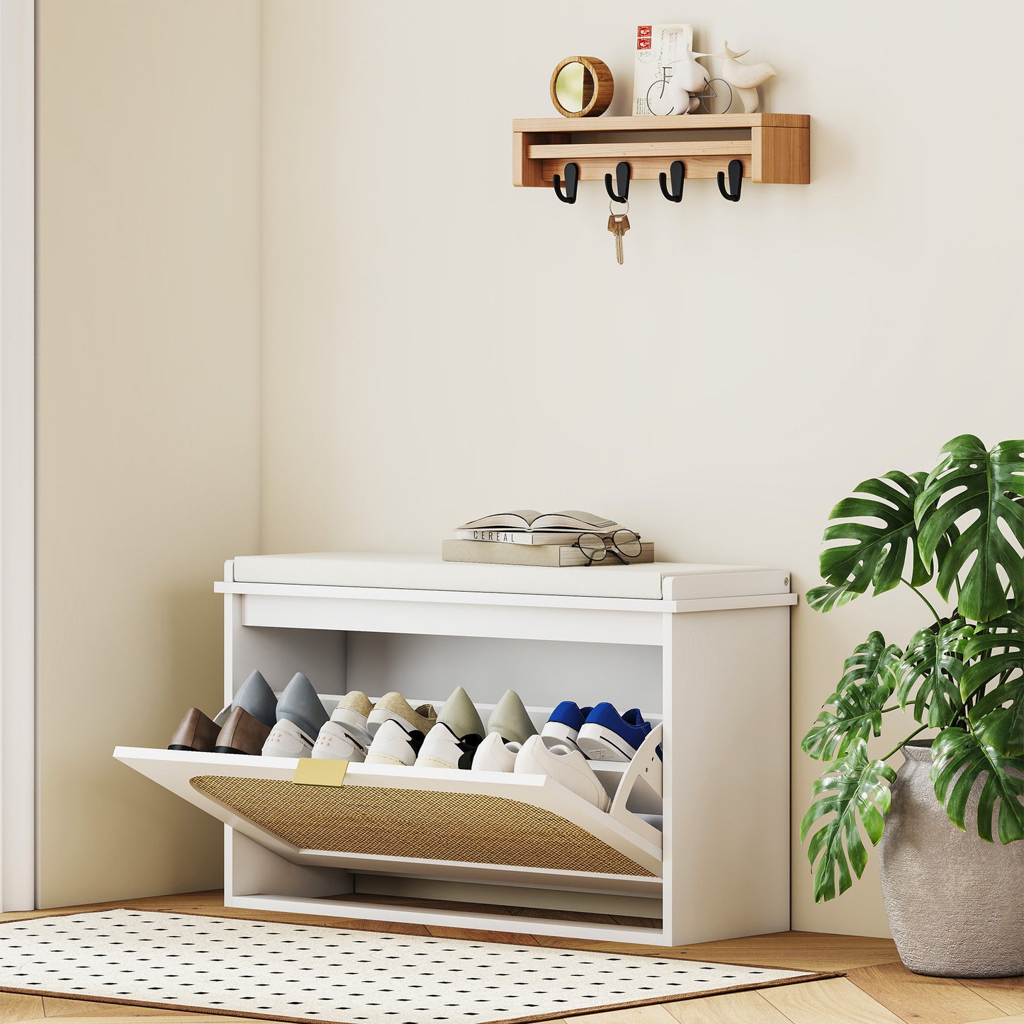 HOMCOM Boho Shoe Bench with Padded Seat and Flip-Drawer - White