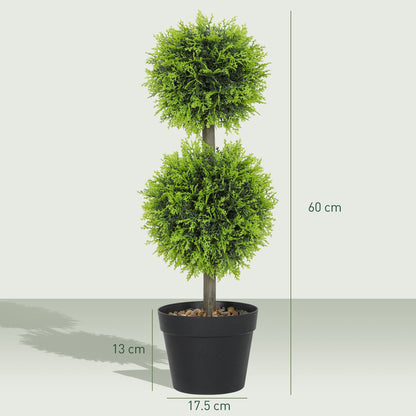 HOMCOM Set of 2 Decorative Artificial Plants, 60cm Faux Topiary Cypress Ball Trees with Plastic Pot and Pebbles, Fake Plants for Home Office Decor, Green