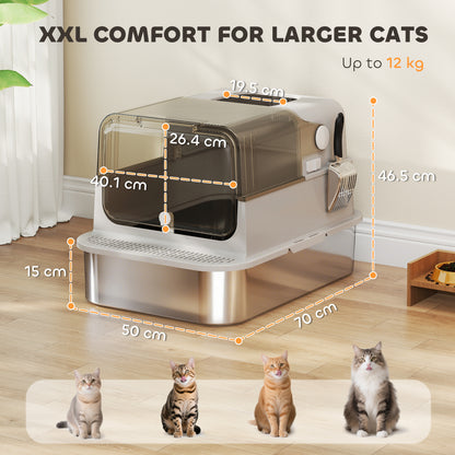 PawHut XXL Stainless Steel Cat Litter Tray, Enclosed Cat Litter Box with 90Â° Flip Cover, Double Doors, Scoop, Easy Clean, Grey