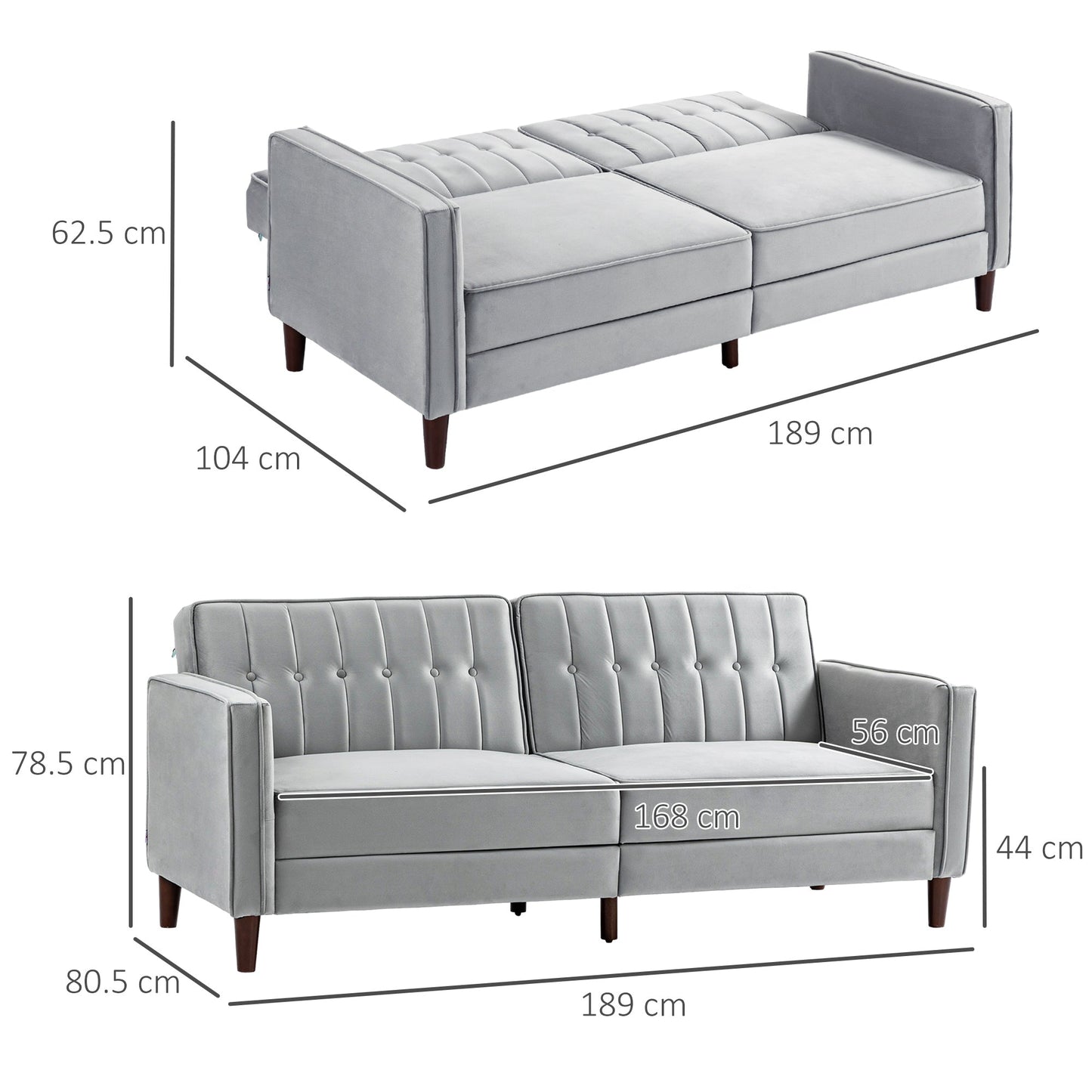 HOMCOM Modern Convertible Sofa Futon Velvet-Touch Tufted Couch Compact Loveseat with Adjustable Split Back, Light Grey