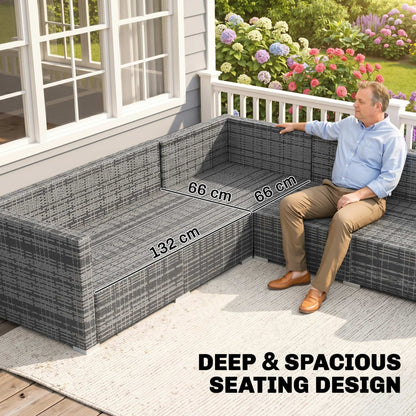 Outsunny Luxury 5 Seater Rattan Garden Furniture Set, 4 Pieces Outdoor Patio Conversation Set with Wide Seats, 220gsm Polyester Cushions, Tempered Glass Table, Corner Sofa, Loveseat, Grey